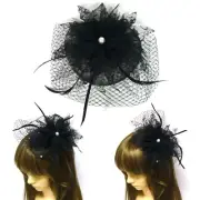 Black Mesh Pillbox Headpiece Floral Lace Flower Feather Fascinator Hair Clip Hat