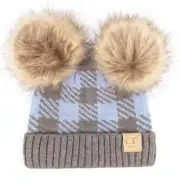 Baby Authentic C.C Exclusive Grey/Pale Blue Buffalo Plaid Fur Pom Beanie NWT