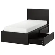 MALM bed frame, high, w 2 storage boxes, black-brown, Single