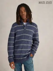 White Stuff Blue Breton Stripe Button Neck Jumper (AY9110) | $150