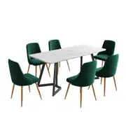 7 Piece Dining Set with Matching Rectangular Marble Table and 6 Green Velvet Chairs