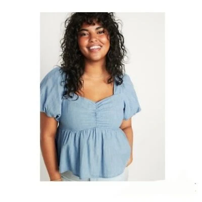 NWT Old Navy Chambray Puff Sleeve Peplum Top SP cottagecore peasant prairie