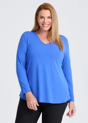 [Taking Shape] Taking Shape Natural Everyday V-neck Long Sleeve Top Size 16 in Mediterranean Blue, Viscose - Plus Size Women's Basics Mediterranean Blue