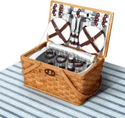 Alfresco Picnic Basket Set Wooden Cooler Bag 4 Person Outdoor Insulated Liquo...
