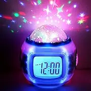 Starry Projector Lamp Battery Powered LED Alarm Clock Projection Light Portable Digital Alarm Clock with Calendar Thermometer Decorative Night Light for Bedroom Living Room Kids Room(White)