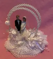 Vintage Bride & Groom Wedding Cake Topper - Beaded Circles Flowers & Lace - NWOB