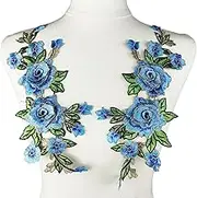YOOGCORETT 1 Pairs Rose Flower Embroidered Applique Flowers Lace Patch Trims for DIY Bags Clothes Sewing Accessory, Blue, 12.2 x 6 Inch