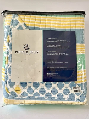 POPPY&FRITZ*FULL/QUEEN 3 PIECE(2 SHAMS) COTTEN REVERSIBLE COASTAL QUILT SET~NWT