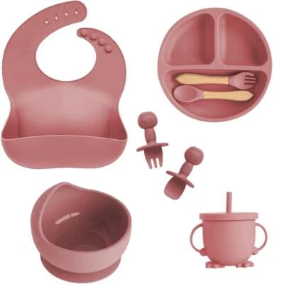 Set silicone utensils baby suction cups forks spoons aprons straws cups equipme