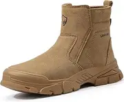 [Dumsiyin] Welding Work Boots for Men Slip on Steel Toe Boots for Men Brown Safety Boots High Top Steel Toe Shoes for Men Rubber Sole Mens Work Shoes Zipper Botas de Trabajo Para Hombre