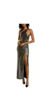 Aidan Mattox Woman’s Foiled Knit Column Gunmetal One Shoulder Gown SZ 6