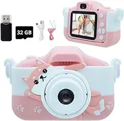 SVZIX Kids' Digital Cameras, Mini Dual Camera Rechargeable Children's Camera Gift, Boys and Grils Aged 3 to 9 Years Old,8 Million HD Video 2 inches Screenfor Outdoor Play /32GB Card (Pink-Cat)