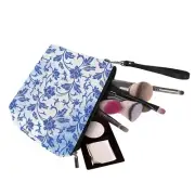 Blue And White Flower Portable Cosmetic Bag Large Travel PU Leather Makeup Pouch