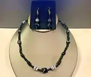Black Gray White Beaded Necklace & Pierced Earrings Set-Handmade One of a Kind!