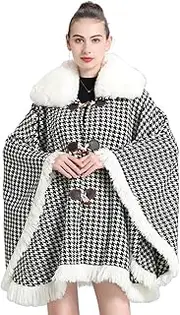 [Generic] Lady Poncho Shawl Knitted Jacket Large Collar Cow Horn Button Oversized Cape Cloak Cardigan Sweater Coat One Size Fits All
