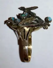 Antiques Victorian Aesthetic Sterling Silver Gold Filled Bird Turquoise Ring 7