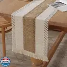 Boho Burlap Macrame Table Runner, Farmhouse Style Cotton Linen Rustic Woven T