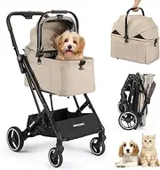 Beberoad X2 3 in 1 Pet Stroller Dog Pram, Foldable Dog Cat Stroller for Small Pets Under 33lbs with Detachable Carrier, Easy Fold Without Removing Carrier, Camel