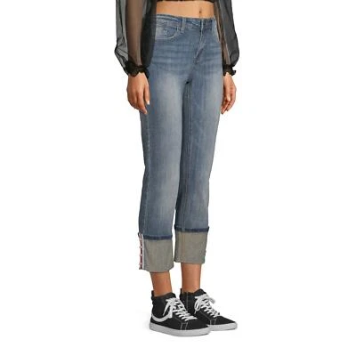 Almost Famous Wide Cuff Straight Leg Boyfriend Dark Wash Demin Jeans, Size 7