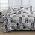 Black Grey Quilt Set Queen Boho Patchwork Bedspread Floral Coverlet Reversibl...