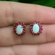 2.6Ct Oval Cut Lab Created Fire Opal Halo Stud Earrings 14K Yellow Gold Plated