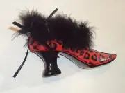 Jewelry Trinket Holder, Black Red Feather Top, Ribbon Rhinestone, Shoe High Heel