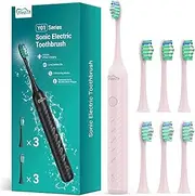 Electric Toothbrush for Adults with 6 Brush Heads, Rechargeable Sonic Toothbrush, Ultra Long Battery Life, 4 Hours Charging Time and 180 Days Use, Pink