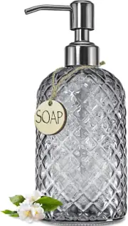 18Oz Gray Glass Soap Dispenser with Rust Proof Pump, Refillable Kitchen Soap Dis