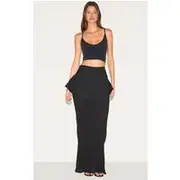 Black Overlay Detail Textured Woven Maxi Skirt, Black