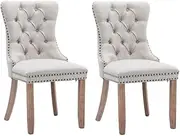 AADEN Set of 2 Modern Elegant Button-Tufted Upholstered Fabric with Studs Trim and Wooden Legs Dining Side Chair (Beige)