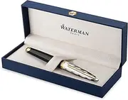 Waterman Carene Fountain Pen | Metal & Black Lacquer with Gold trim & Chiselled cap | 18K Gold Fine Nib | Blue Ink | Gift Box