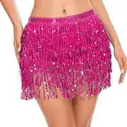[ASKHOPE] 4-Layer Sequin Fringe Skirt - Sparkly Tassel Belly Dance Hip Scarf - Glitter Rave Skirt for Women Girls