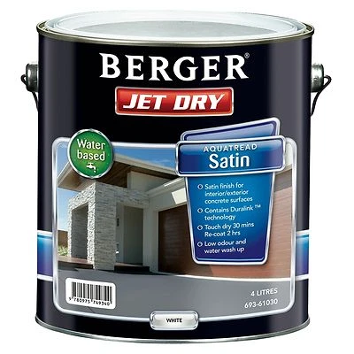 Berger Jet Dry AQUATREAD SATIN PAVING PAINT 4L WHITE, For Concrete Surfaces