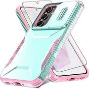 [Asuwish] Phone Case for Samsung Galaxy A35 5G with Tempered Glass Screen Protector and Slide Camera Cover Slim Rugged Hybrid Shockproof Protective Hard Cell Accessories A 35 35A A355G Men Mint Green