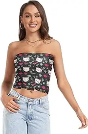 [RPLIFE] Cute Cat Faces Black Crop Tube Top, Strapless Top for Women Summer, Sheer Tube Tops, Trendy Crop Tops (S)