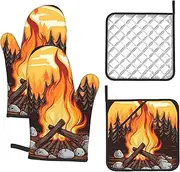 4 pcs Oven Mitts and Pot Holders Set 500°F Heat Resistant Oven Gloves and Hot Pads Kitchen Mittens Bonfire Cooking Gloves Potholders for Baking Grilling