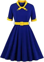 [GHAKKE] Women's 1950s Vintage Sailor Tie Neck Cocktail A-Line Swing Dress Audrey Hepburn Style Rockabilly Prom Tea Party Dress