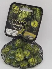 Net Bag Swamp Thing Glass Mega Marbles 24 Players 1 Shooter RETIRED Rare Yellow