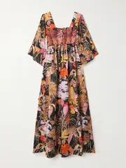[Loretta Caponi] Loretta Caponi - Malibu Smocked Printed Cotton Midi Dress - Multi - x small x small Multi