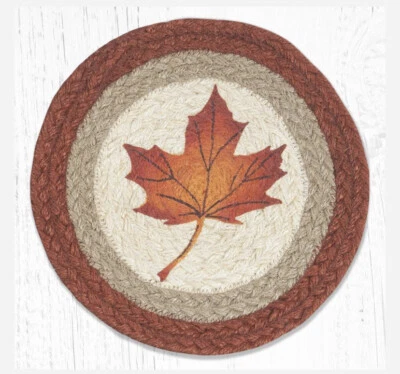 Set of 2 Braided Jute Round Placemat/Trivet/Swatch. MAPLE LEAF. Earth Rugs.10"