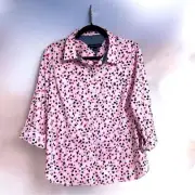 Tommy Hilfiger Blouse Buttons Front Roll Tap Sleeves Collared Pink Hearts Top