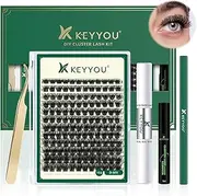 KEYYOU 144pcs Lash Clusters DIY Eyelash Extension Kit with Bond, Seal Glue, Remover, Applicators, Brush and Clean Pad