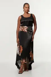 Plus Size Viscose Satin Printed Panelled Train Maxi Skirt