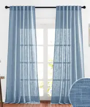 Pair 52 x 108 STONE BLUE TEXTURED LINEN LIGHT FILTERING CURTAIN PANELS Tab #J65