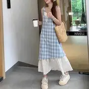 Tie Shoulder Plaid Embroidered Mock Two Piece A-Line Dress Light Blue - XL