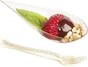DLux 100 4-in Tear Drop Mini Appetizer Plates with Forks, Reusable Gold Glitter Clear Plastic Spoon - Dessert and Appetizers Dishes Serving Plate - Asian Spoon Set, Small Catering Dessert Tasting Cups