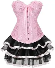 [FAWENLI] Fashion Girls Pink Corset Dresses Sexy Floral Lace Up Corsets With Mini Skirt Sets Gothic Corsets Bustiers Clu
