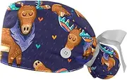 [WOSHJIUK] Working Hat 2 Pack Scrub Caps for Women,Purple Style Cartoon Moose,Tie Back Cap Adjustable Scrub Hat
