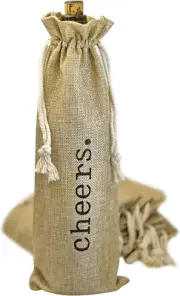 Burlap Wine Bag - 12 Jute Wine Bottle Gift Bags with Drawstring and Cheers Print