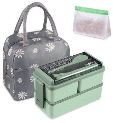 Stackable Bento Box Set with 3 Compartments,47.35OZ with Lunch Bag (Green)